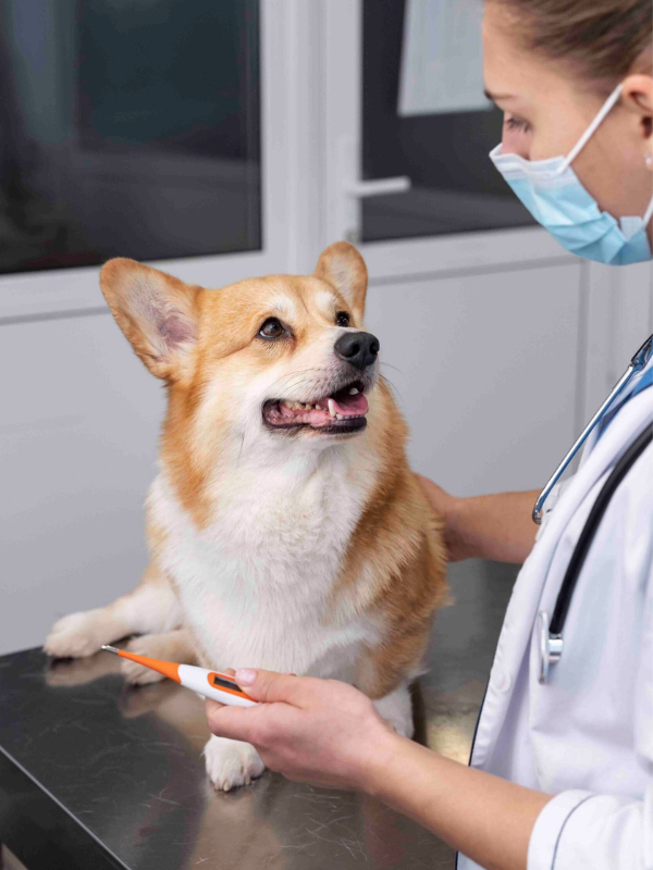 A woman in a white coat carefully examines a dog